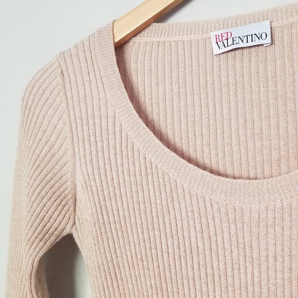 RED Valentino Champagne Rose Gold Lurex Rib Knit Bow Ruffle Fitted Sweater Wool - Picture 6 of 16